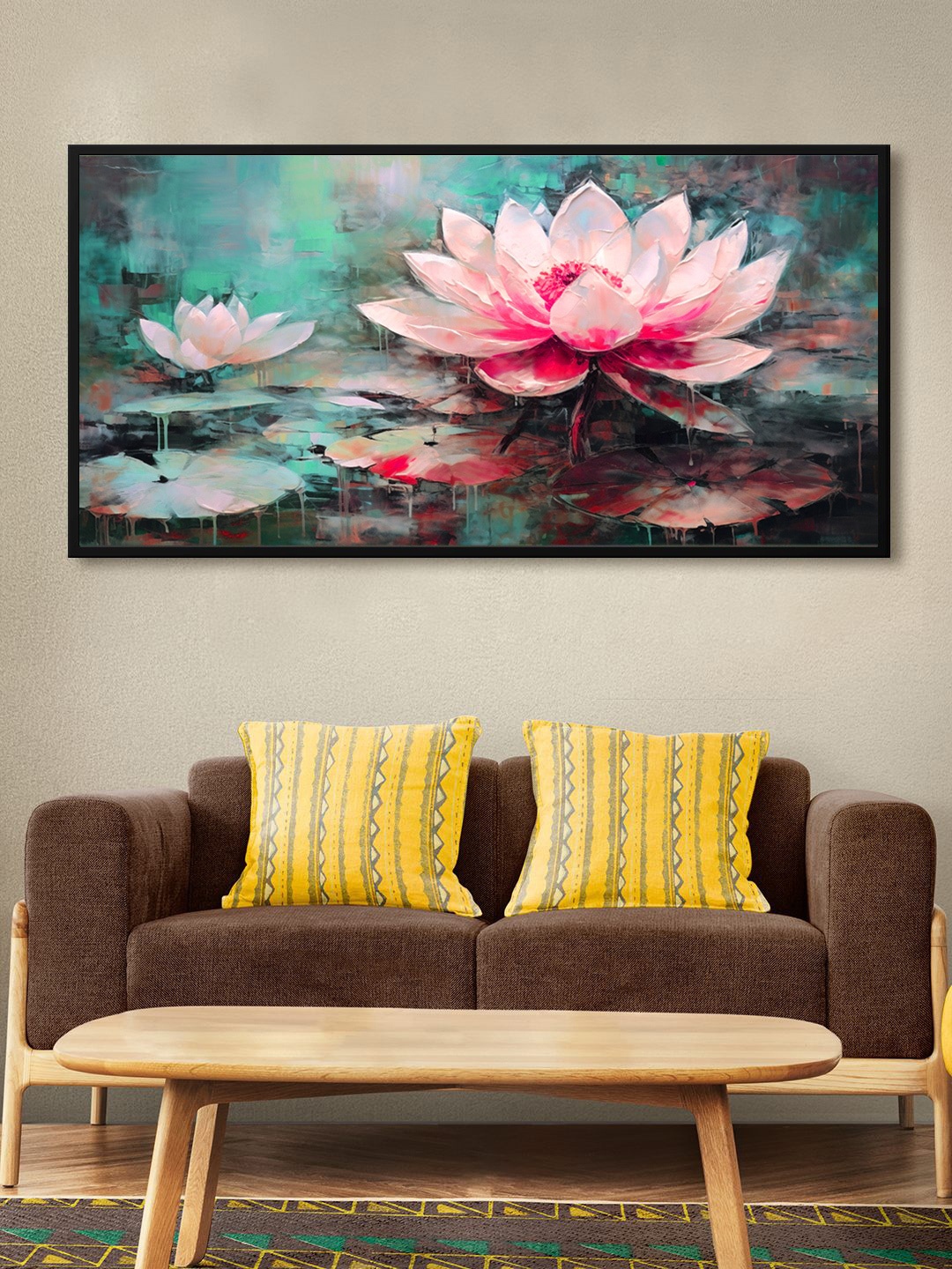 

999Store Pink & Green Lotus Abstract Water Modern Art Canvas Wall Painting