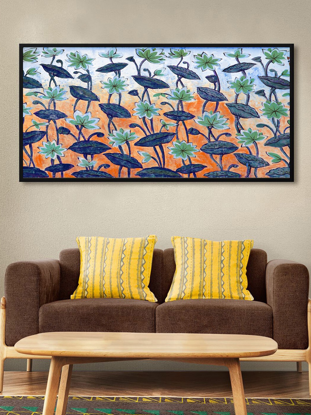 

999Store Blue & Orange Flower With Leaf Modern Art Canvas Wall Painting