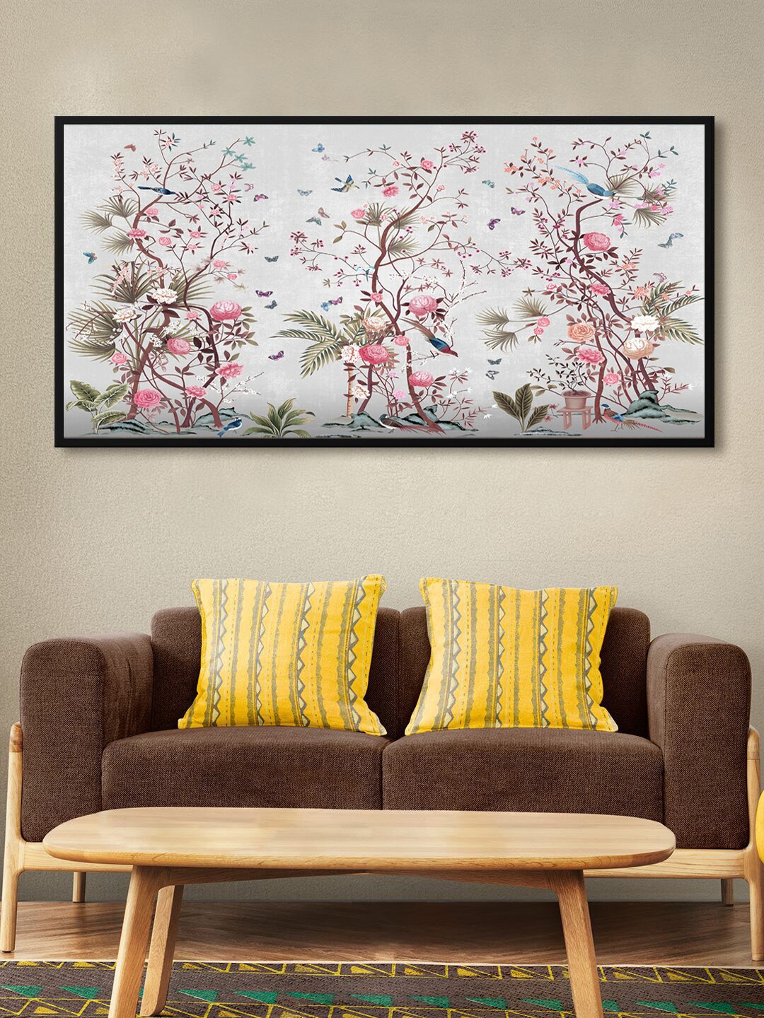 

999Store Grey & Pink Floral Printed Canvas Painting Wall Art