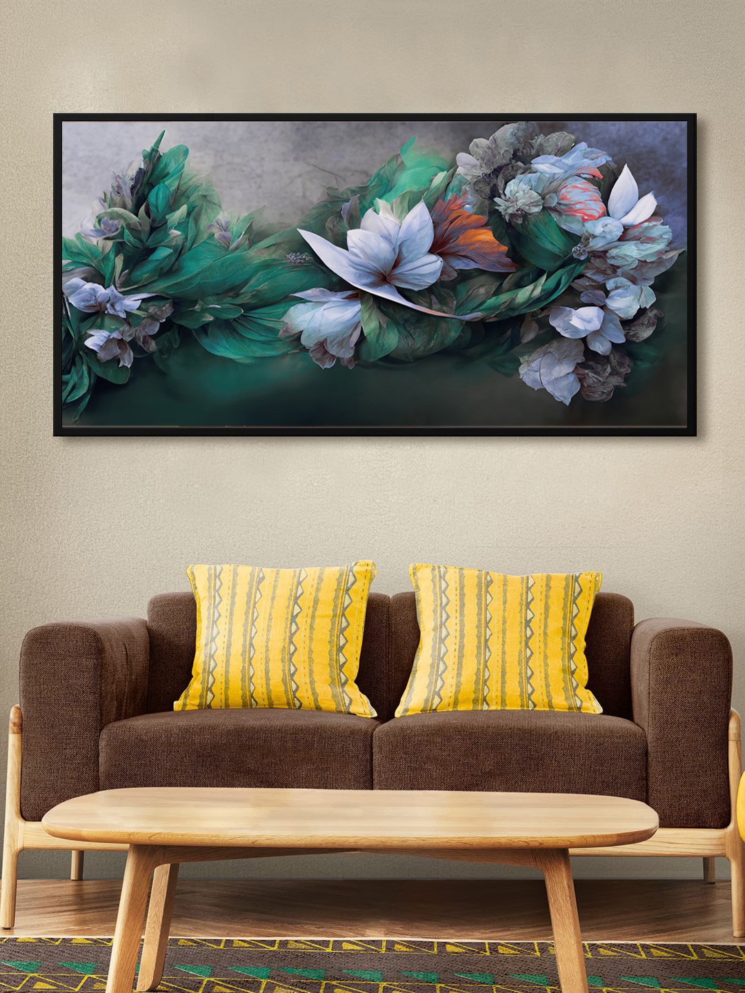 

999Store Grey & Blue Flower With Leaves Modern Art Canvas Wall Painting