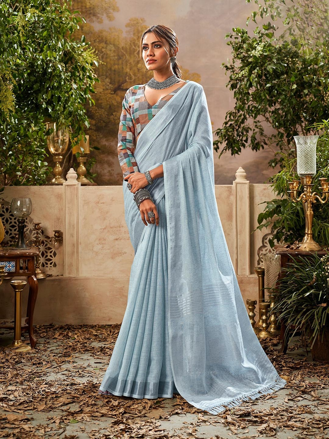 

elora Zari Silk Cotton Saree, Turquoise blue
