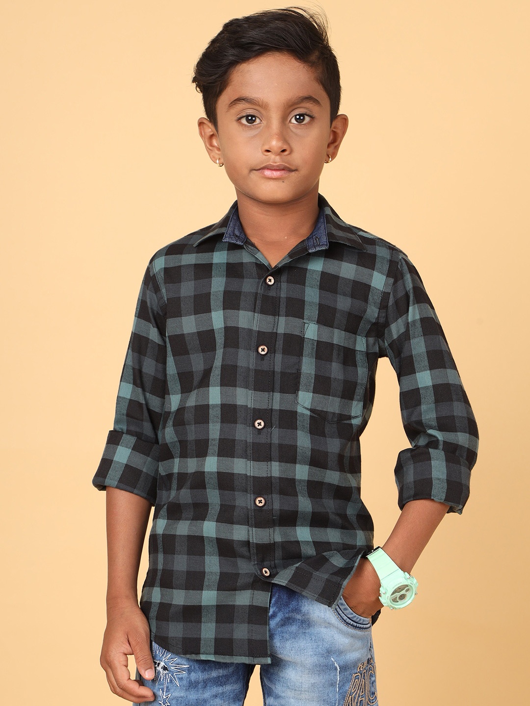 

CAZZBA Boys Tartan Checked Cotton Casual Shirt, Grey