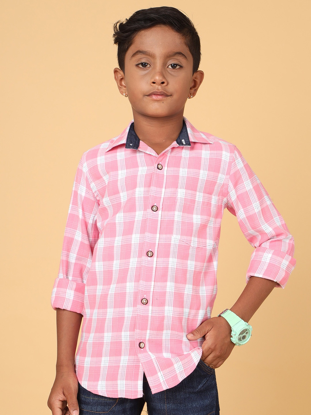 

CAZZBA Boys Tartan Checked Cotton Casual Shirt, Pink