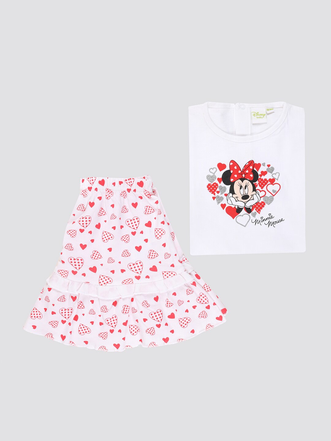 

mothercare Girls Mickey Mouse Printed Pure Cotton T-shirt With Skirt, White