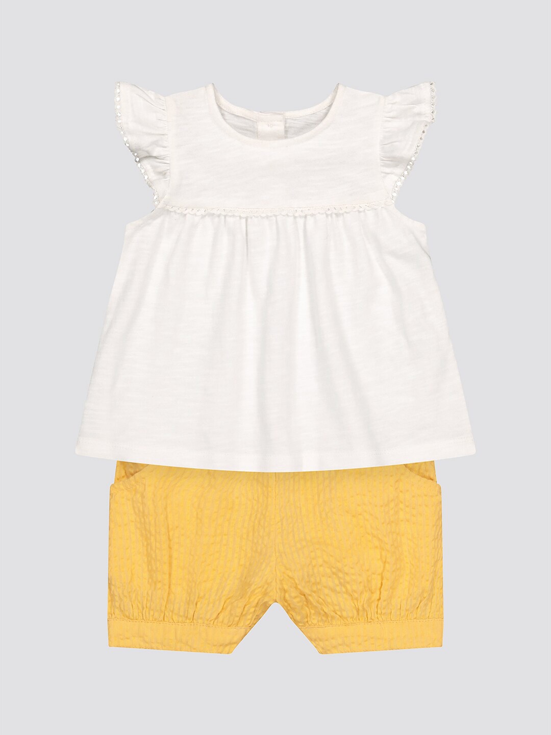 

mothercare Girls Round Neck Pure Cotton Top with Shorts, White