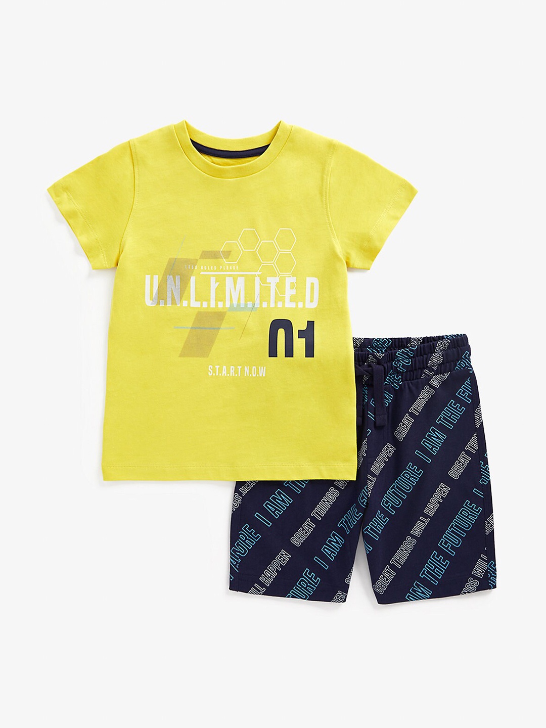 mothercare Boys Typography Printed T-shirt with Shorts, Yellow