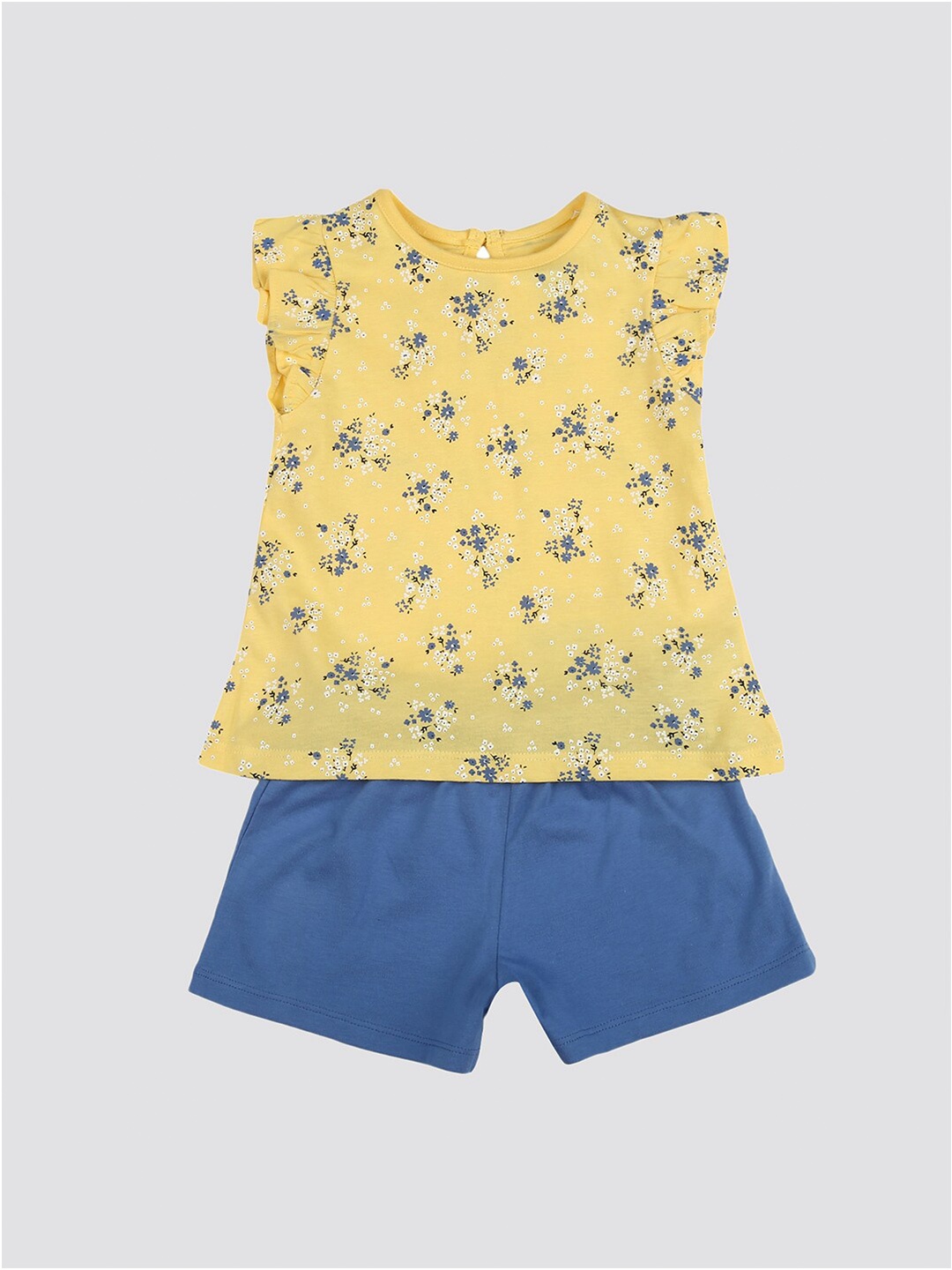 mothercare Girls Floral Printed Pure Cotton T-shirt with Shorts, Yellow