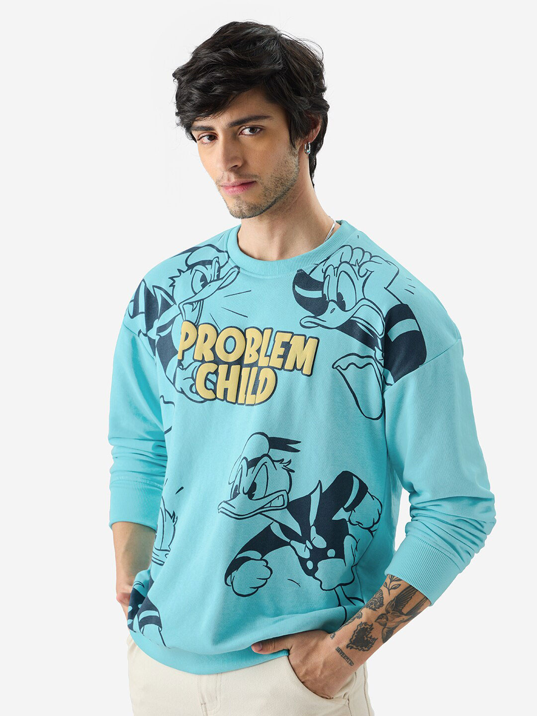 

The Souled Store Donald Duck Graphic Printed Oversized Pure Cotton Pullover Sweatshirt, Blue