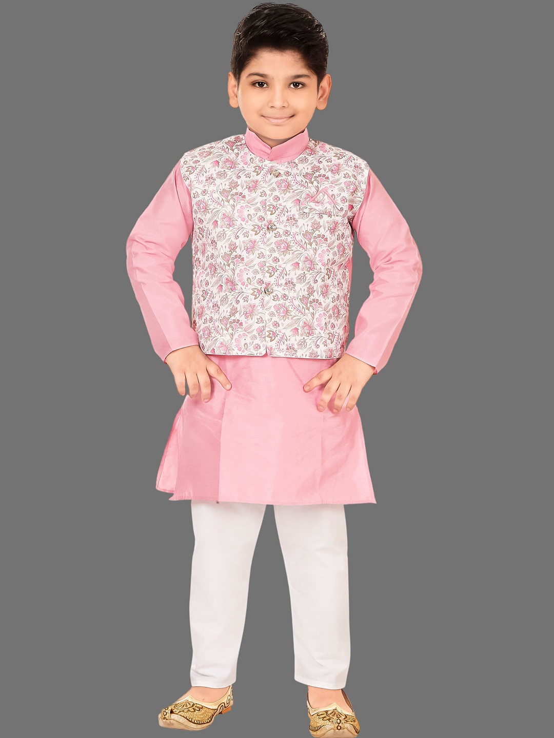 

BAESD Boys Band Collar Straight Kurta with Pyjamas & Waistcoat, Pink