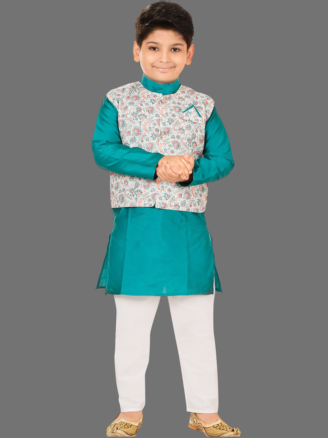 

BAESD Boys Band Collar Straight Kurta with Pyjamas & Waistcoat, Teal