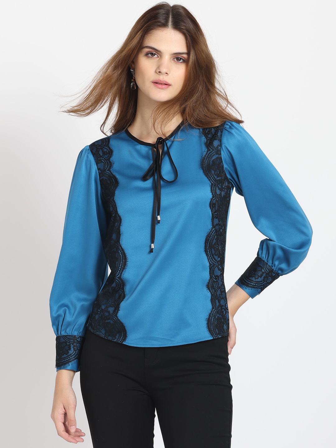 

SHAYE Tie-Up Neck Cuffed Sleeves Satin Top, Blue
