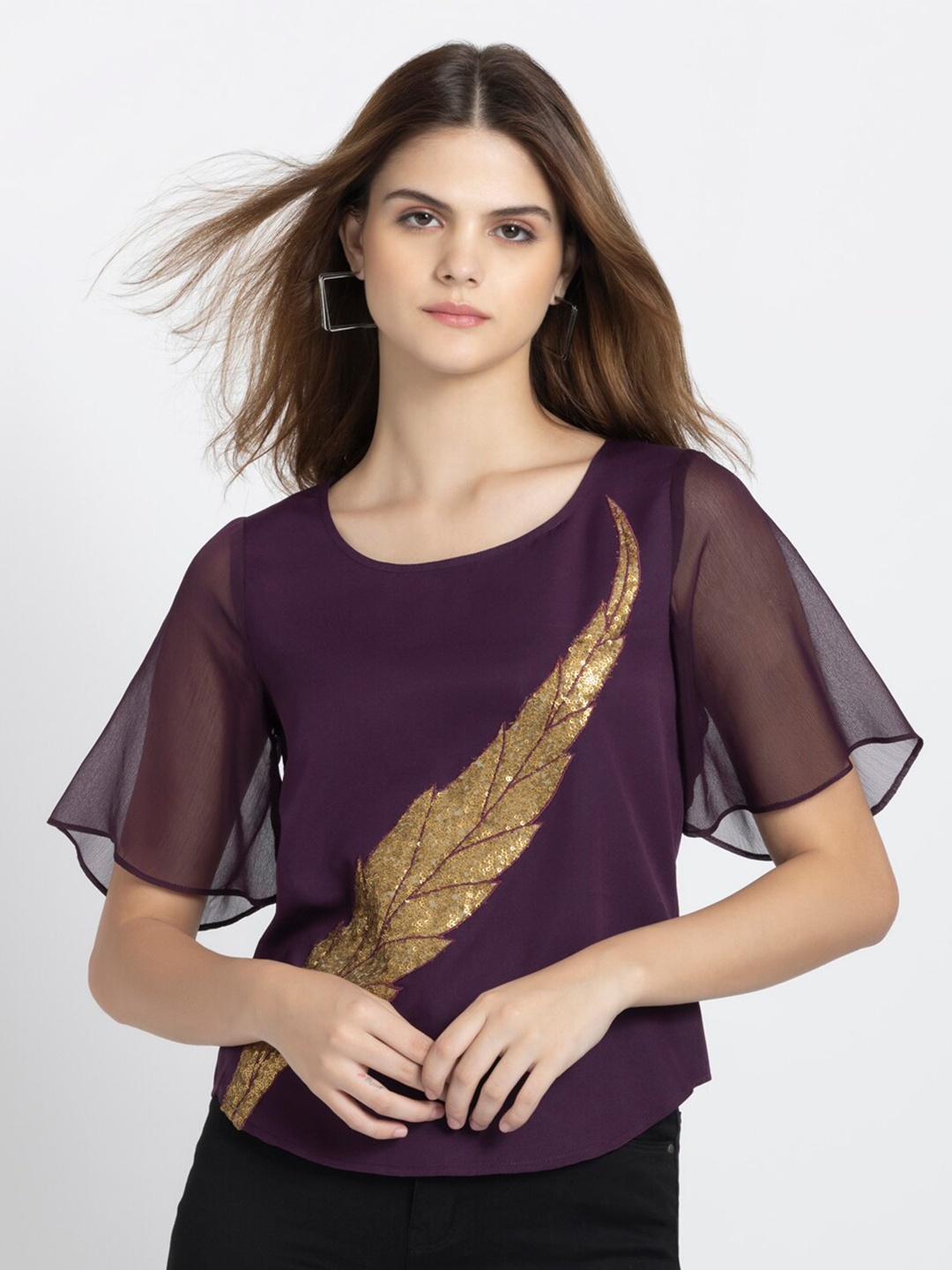 

SHAYE Embellished Flared Sleeve Crepe Top, Purple