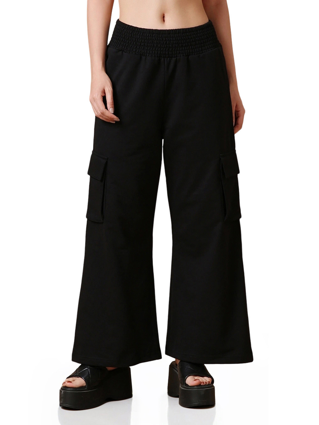 

Bewakoof Air 1.0 Women Flared Cargo Track Pants, Black
