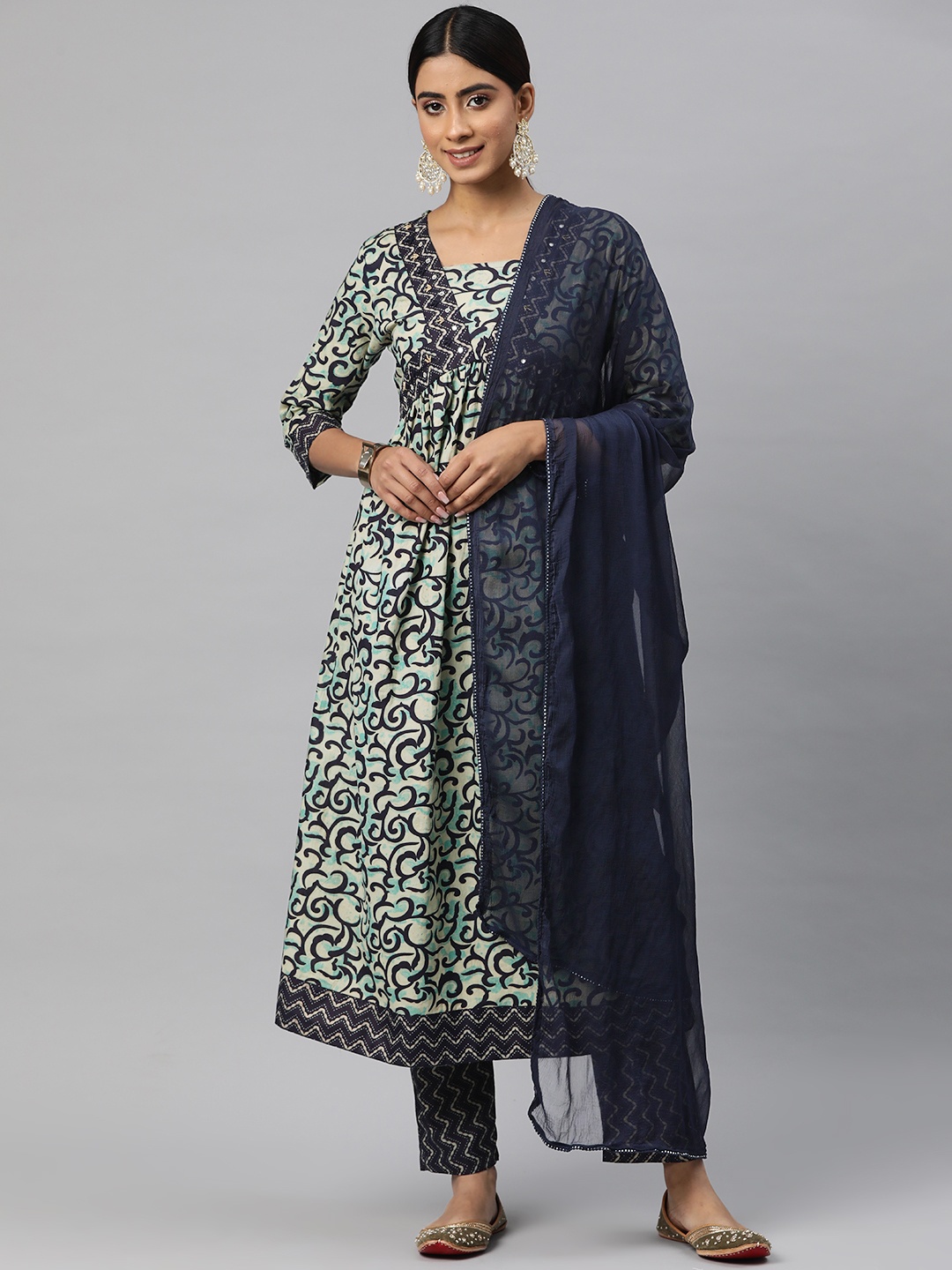 

Readiprint Women Printed Beaded Pure Cotton Kurta with Trousers & With Dupatta, Navy blue