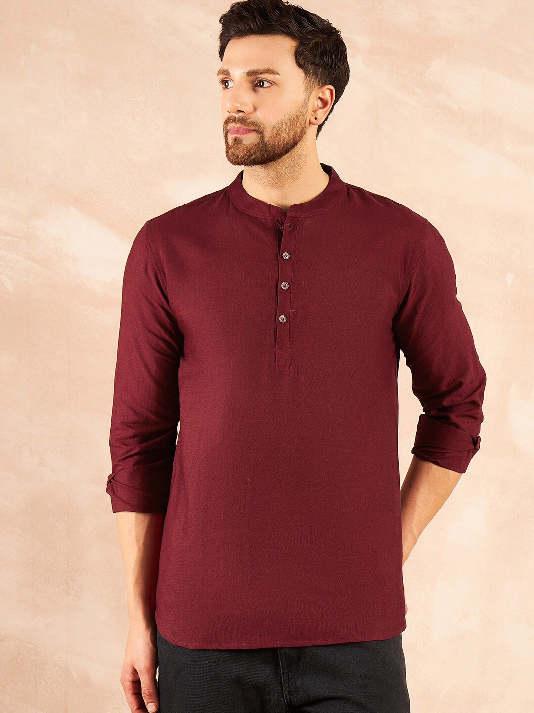 

HERE&NOW Maroon Mandarin Collar Pure Cotton Straight Kurta
