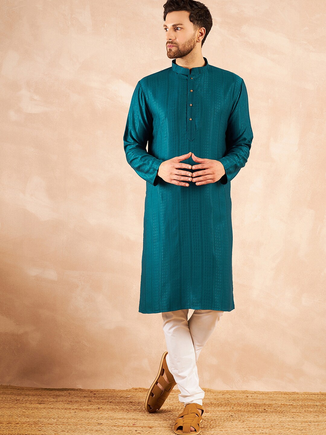 

HERE&NOW Woven Design Jacquard Weave Mandarin Collar Straight Kurta, Teal