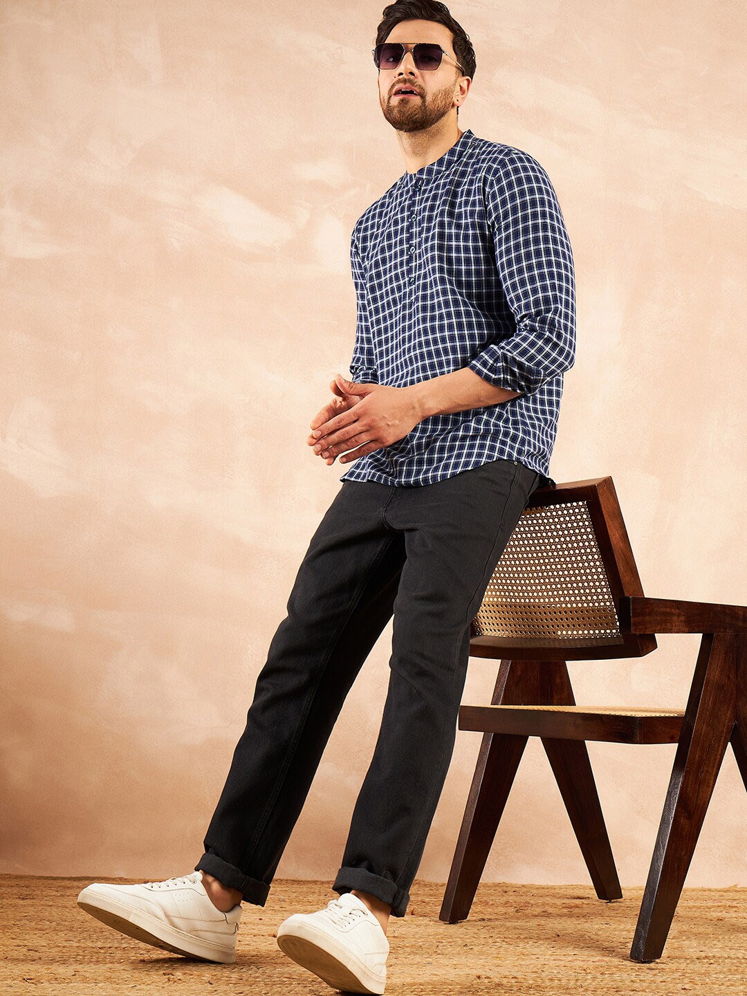 

HERE&NOW Blue & White cotton tiny checks Short Kurta