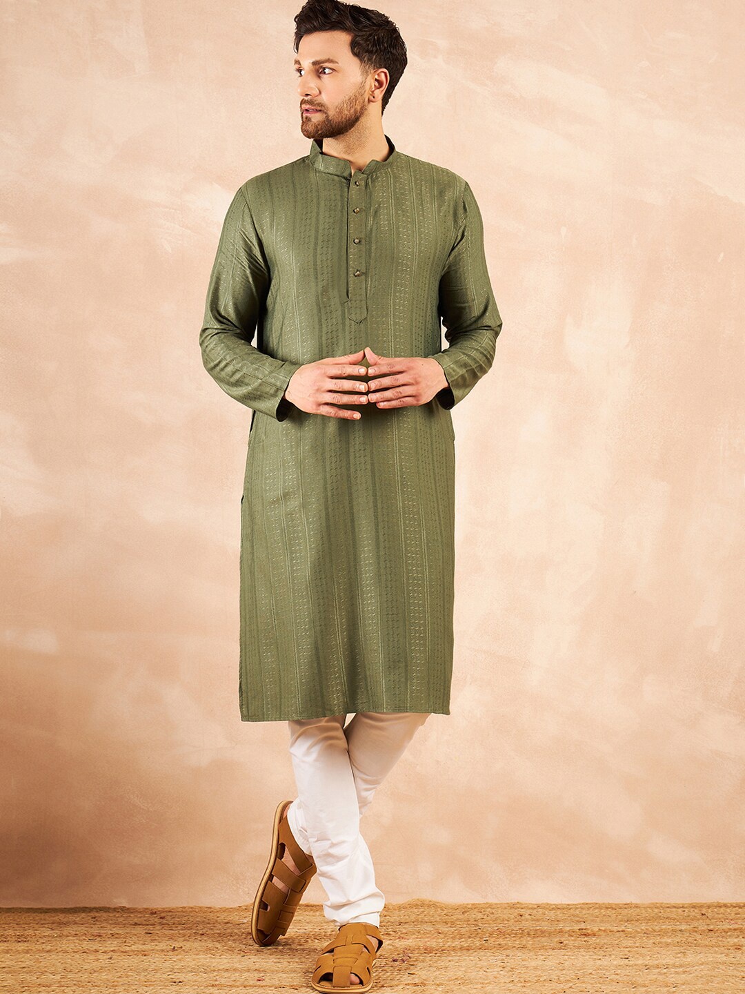 

HERE&NOW Striped Woven Design Mandarin Collar Jacquard Weave Straight Kurta, Green