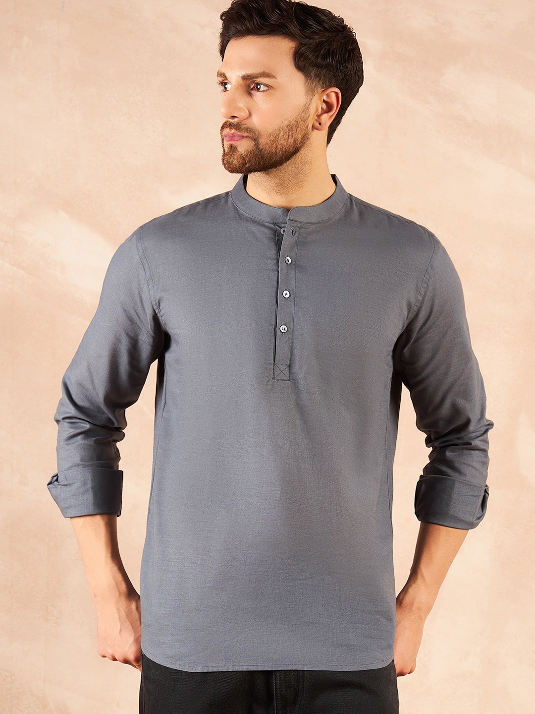 

HERE&NOW Ethnic Mandarin Collar Cotton Straight Kurta, Charcoal