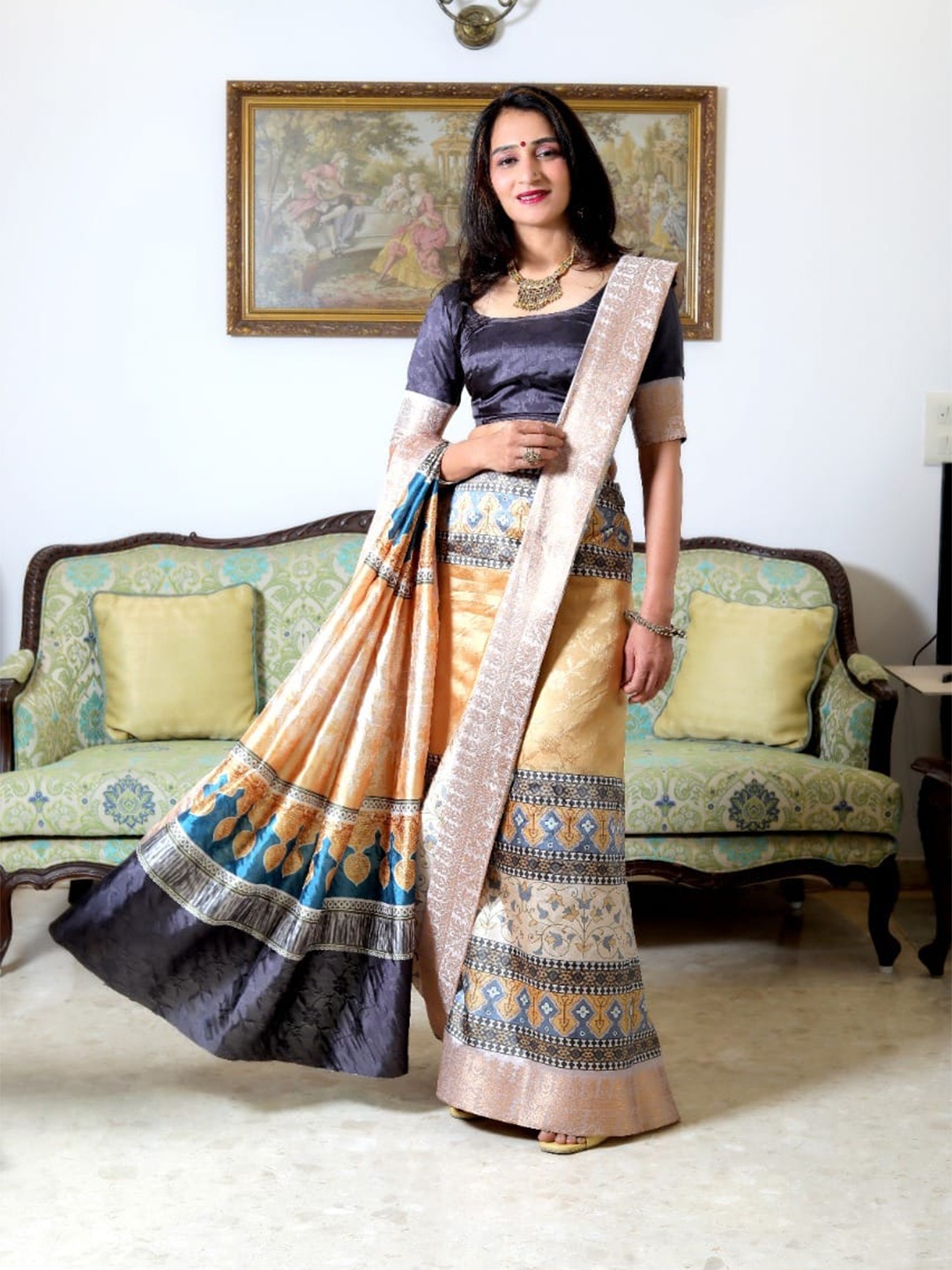

NIWAA Ajrak Block Printed Zari Cotton Silk Kanjeevaram Saree, Beige