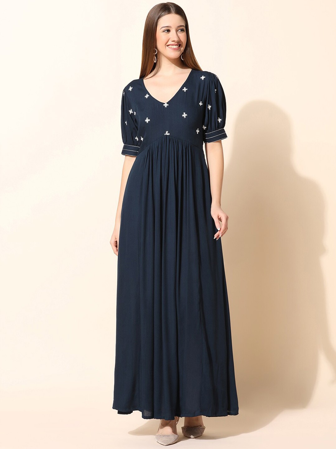 

FASHION DREAM Embroidered Puff Sleeves A-Line Casual Dress, Blue
