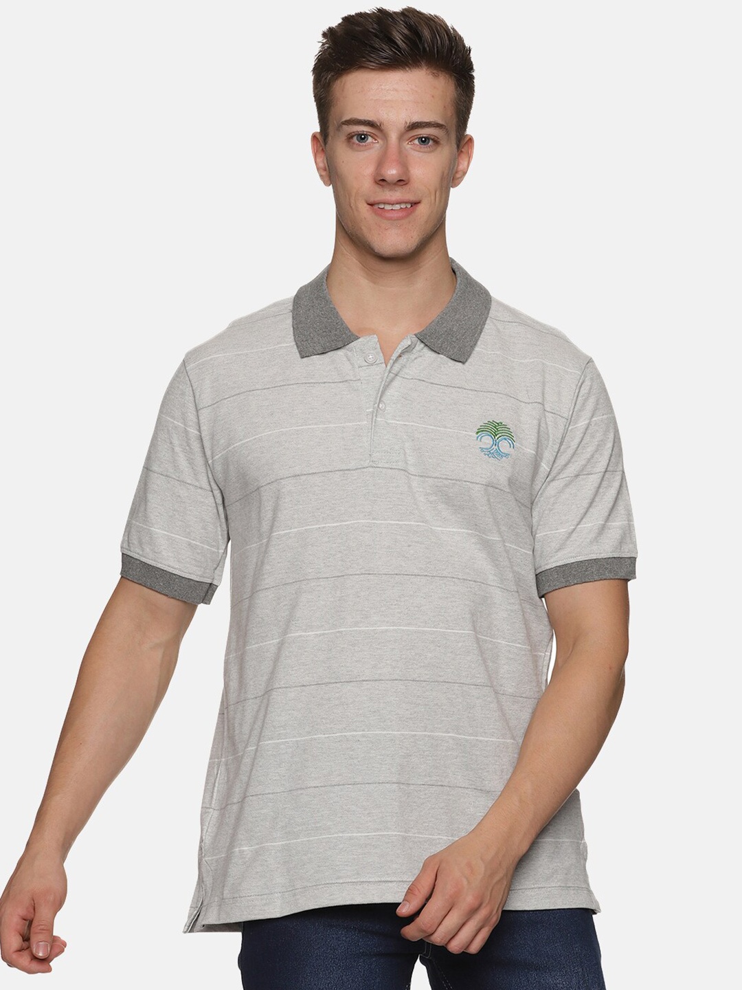 

BAESD Striped Polo Collar Cotton T-Shirt, Grey