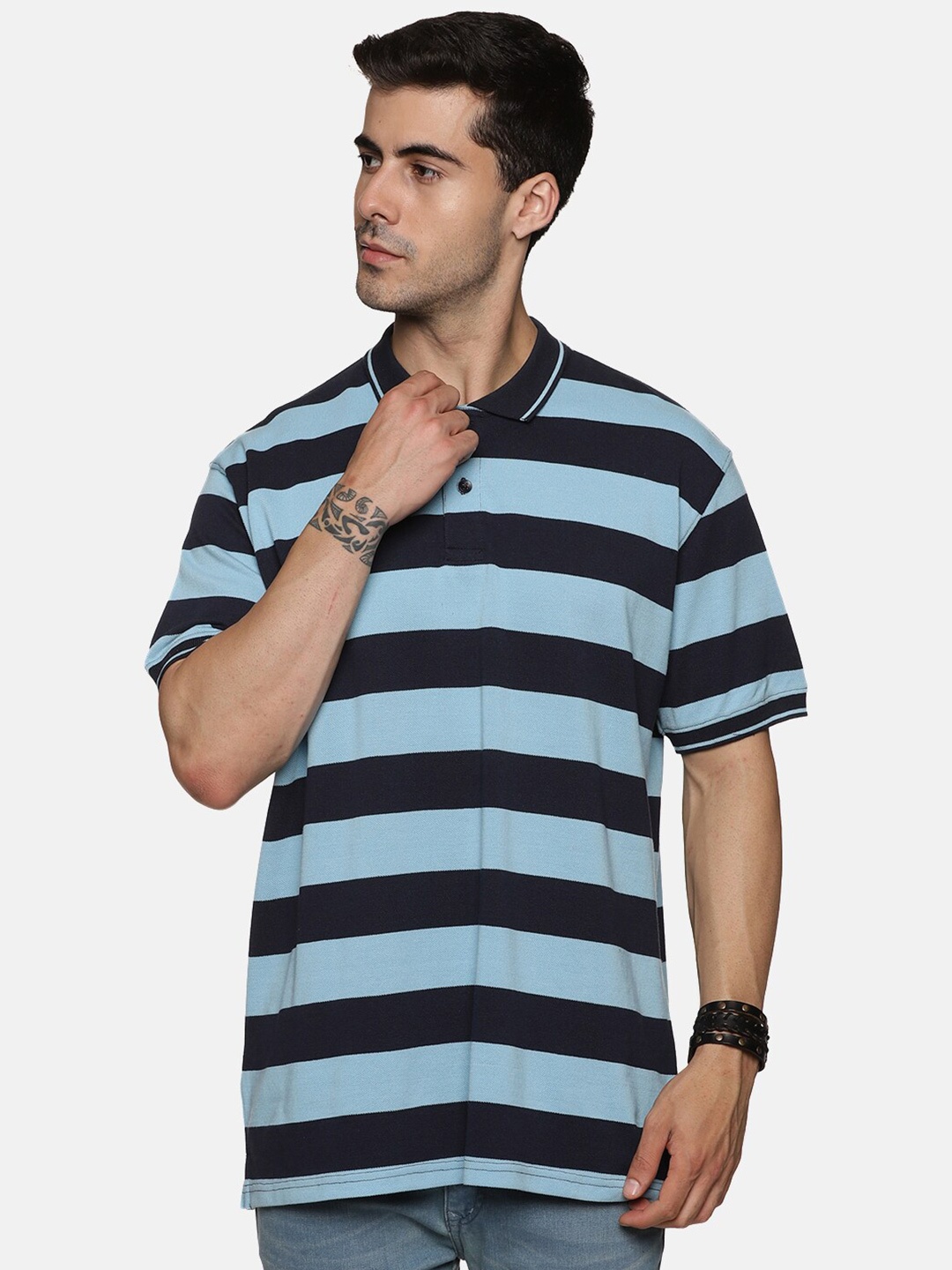 

BAESD Striped Polo Collar Cotton T-Shirt, Blue