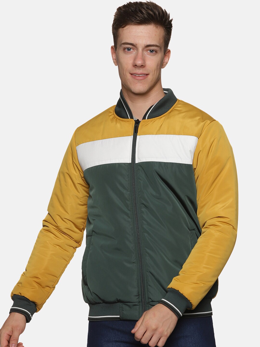 

BAESD Colourblocked Stand Collar Bomber Jacket, Yellow