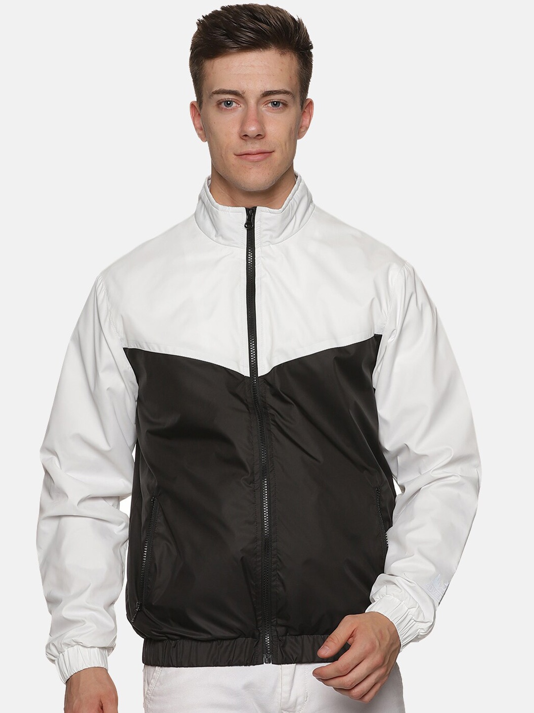 

BAESD Colourblocked Mock Collar Sporty Wind Cheater Jacket, Black