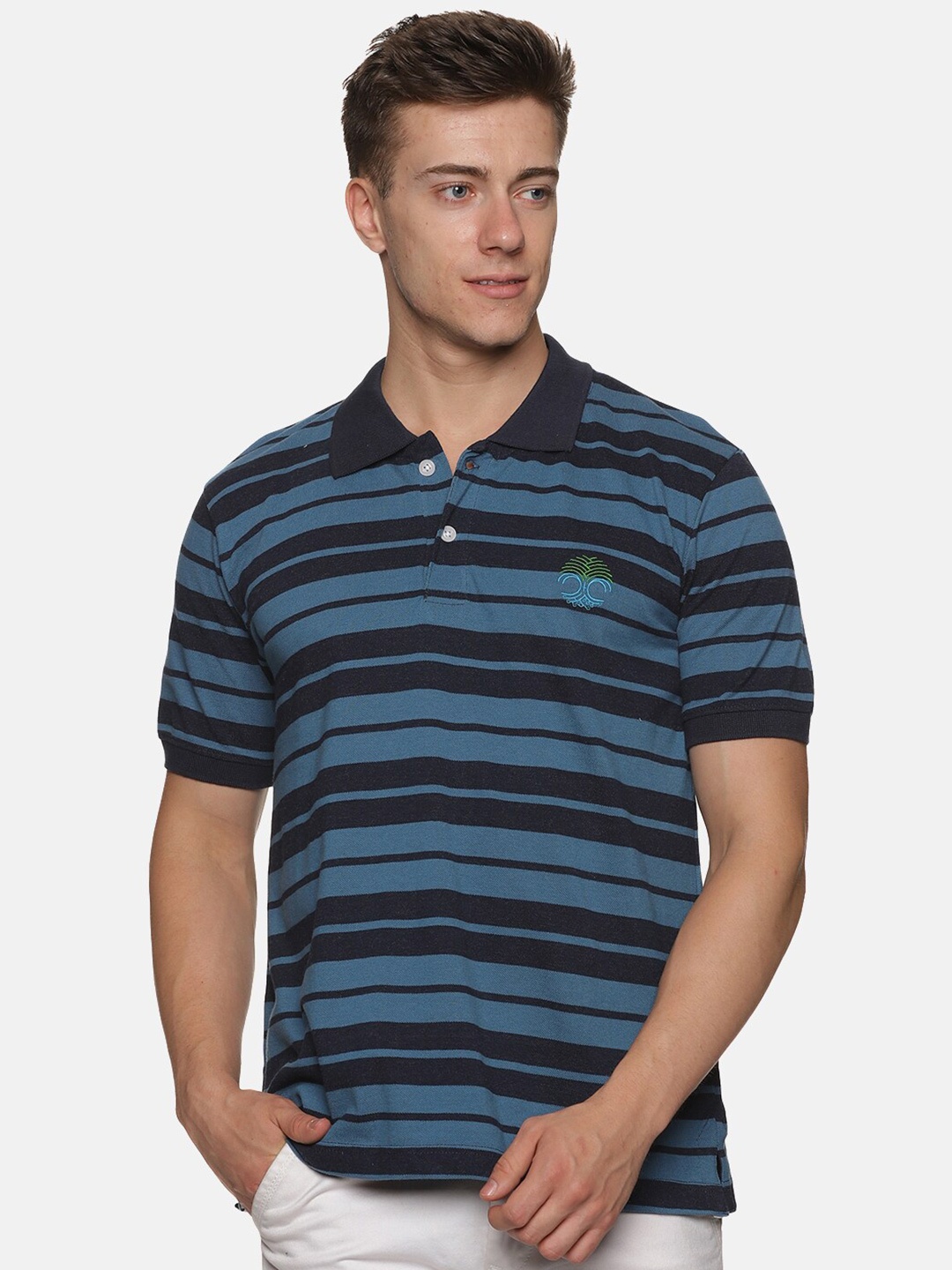 

BAESD Striped Polo Collar Cotton T-Shirt, Blue