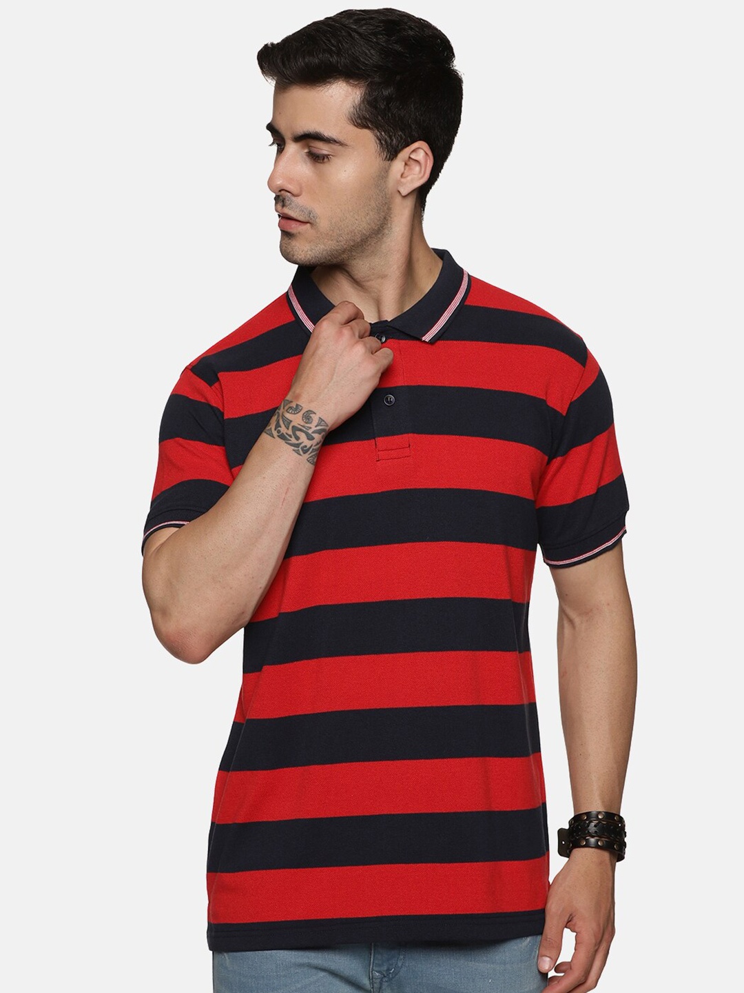 

BAESD Striped Polo Collar Cotton T-Shirt, Red