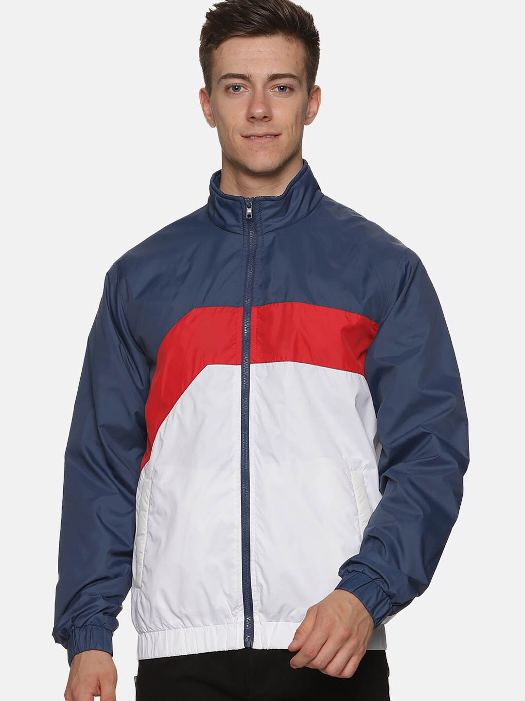 

BAESD Mock Collar Colourblocked Sporty Wind Cheater Jacket, Blue