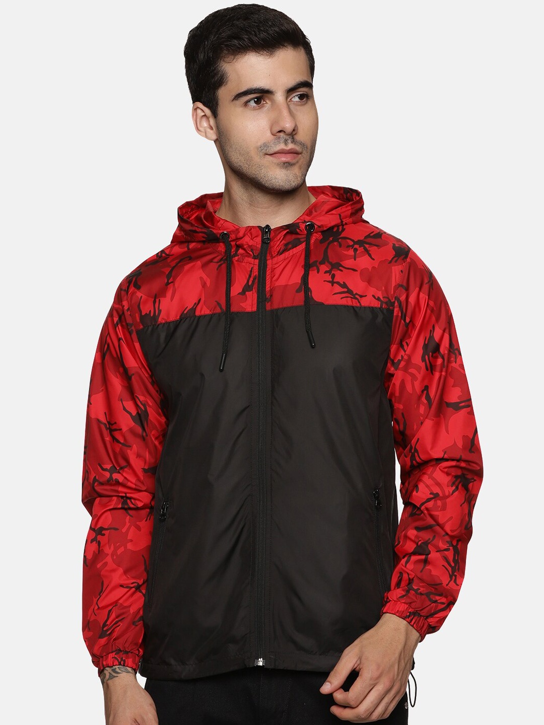 

BAESD Abstract Printed Hooded Sporty Wind Cheater Jacket, Black