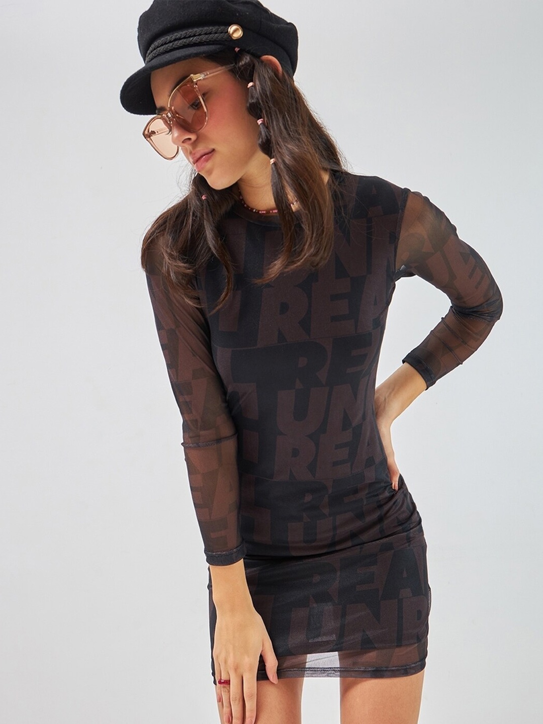 

Bewakoof Air 1.0 Women All Over Printed Slim Fit Bodycon Dress, Black