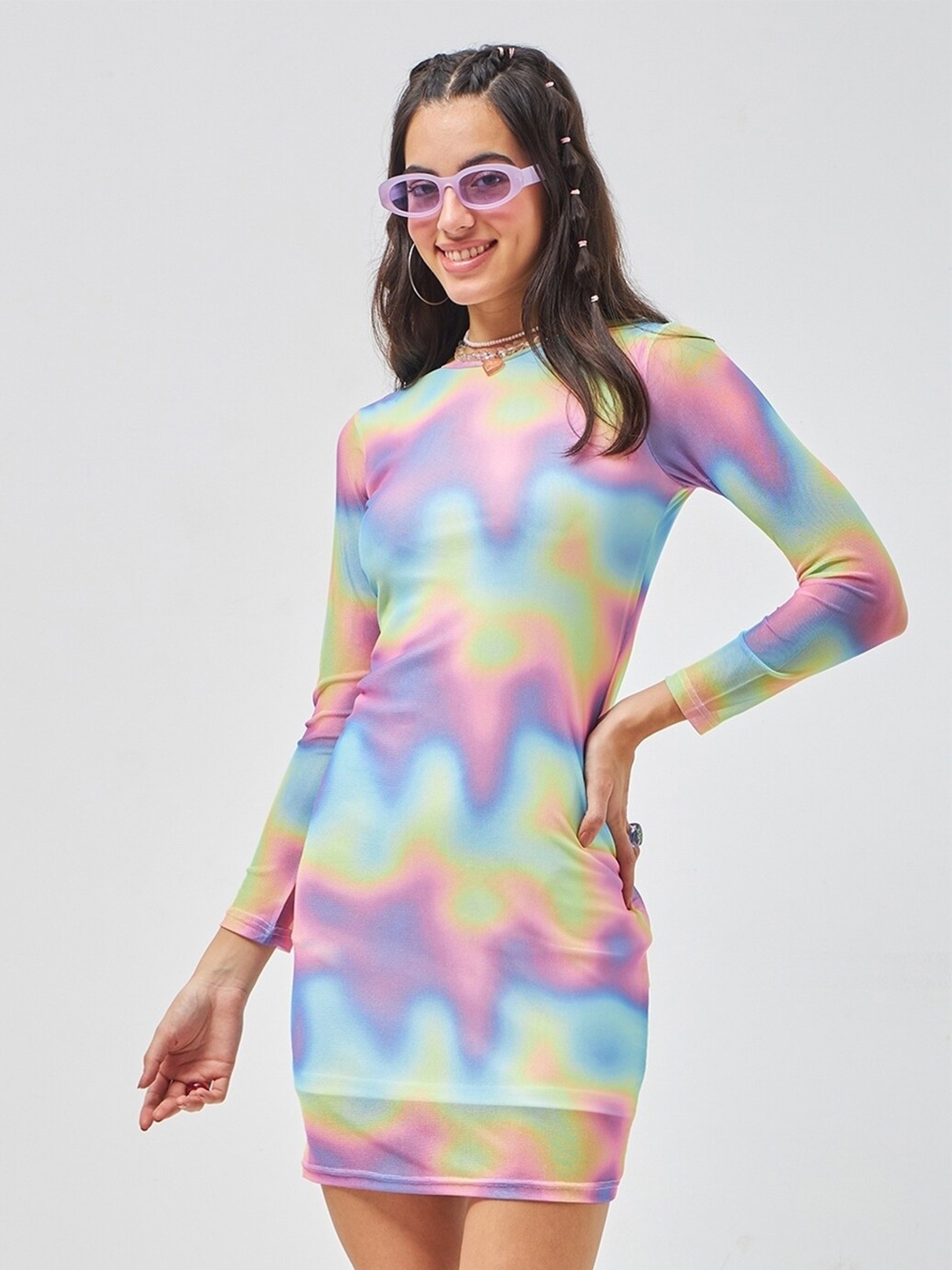 

Bewakoof Air 1.0 Women Multicolor All Over Printed Slim Fit Bodycon Dress, Blue