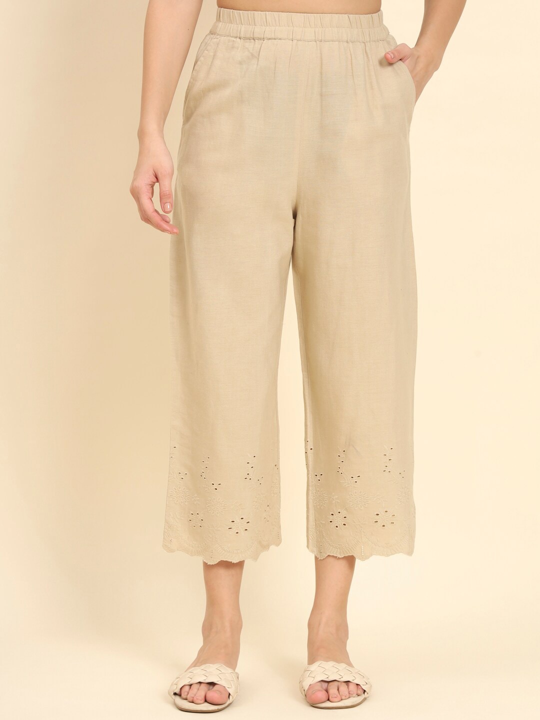 

HERE&NOW Women Cotton Ethnic Palazzos, Cream