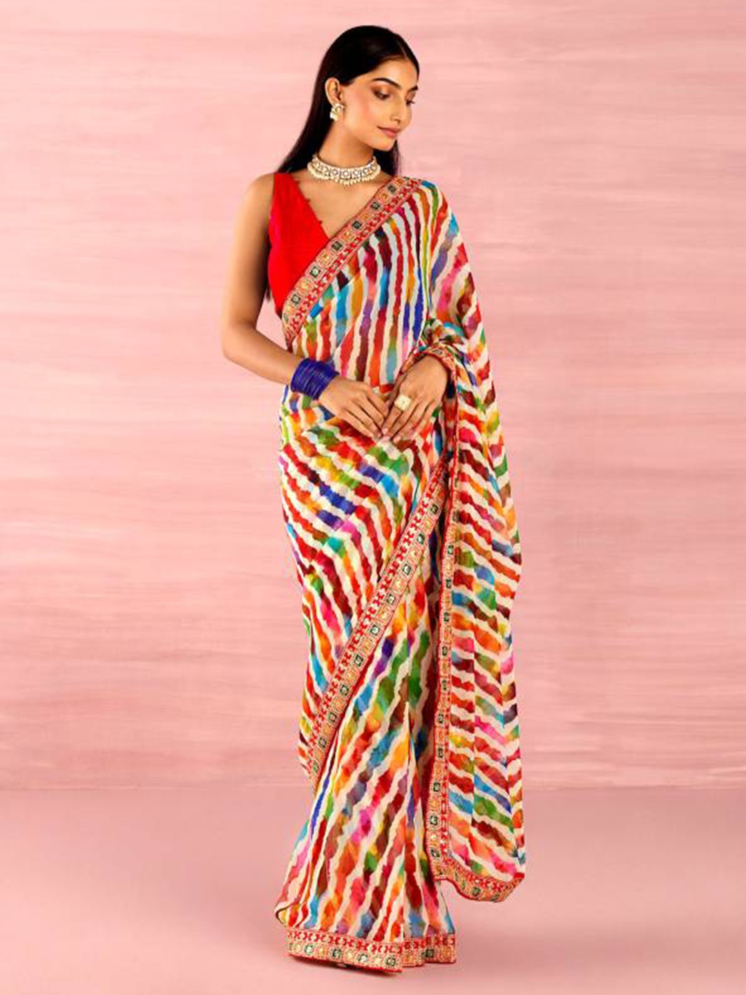 

Ariya Prints Leheriya Printed Embroidered Pure Georgette Leheriya Saree, Red