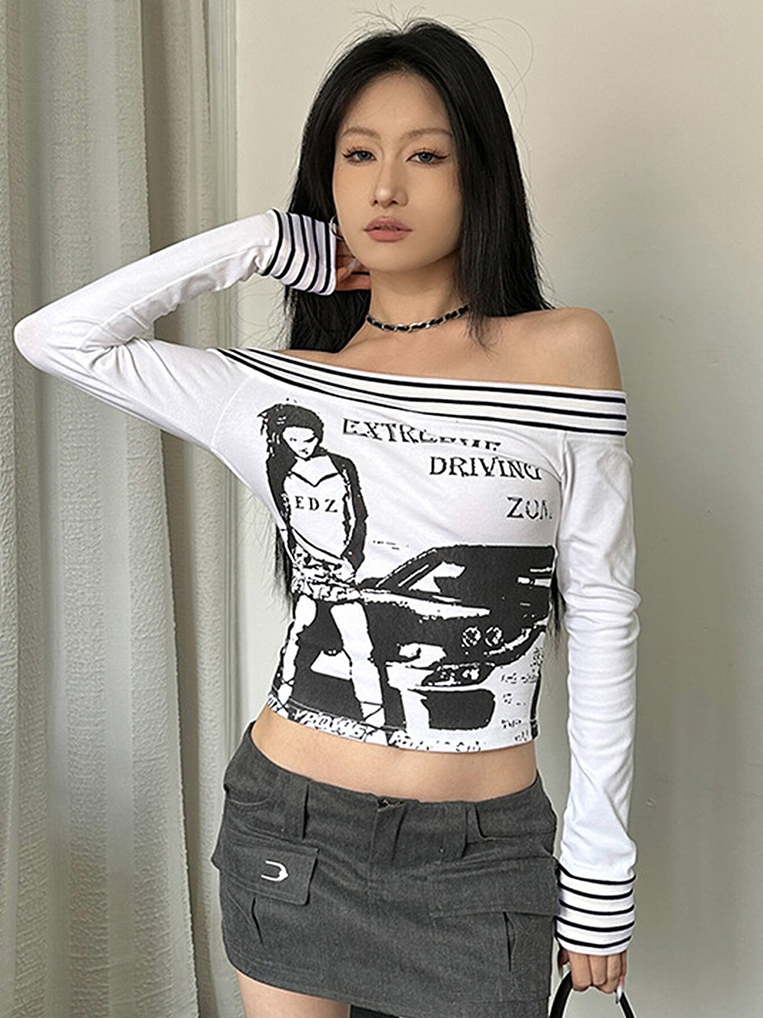 

LULU & SKY White & Black Graphic Printed Off Shoulder Crop Top