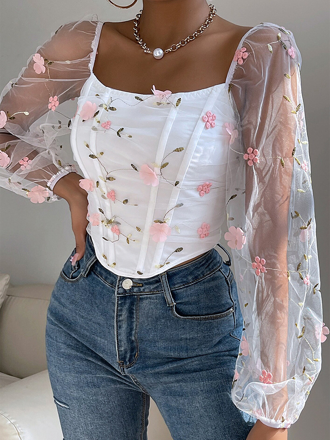 

LULU & SKY Floral Embroidered Square Neck Puff Sleeve Top, White