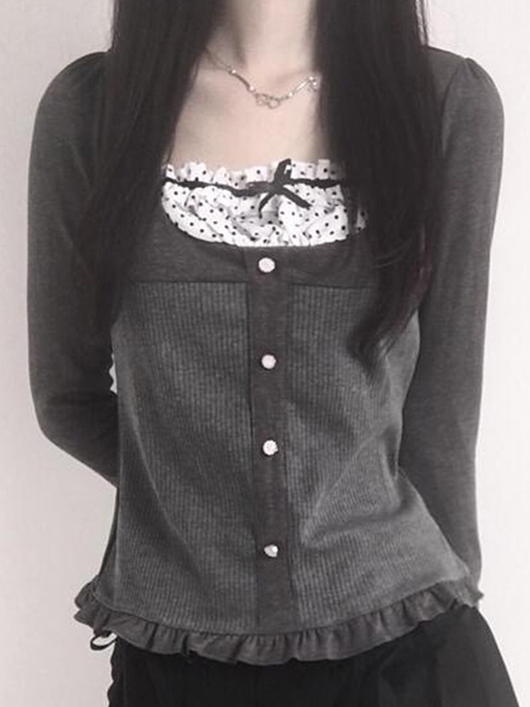 

LULU & SKY Ribbed Square Neck Long Sleeves Ruffles Top, Grey