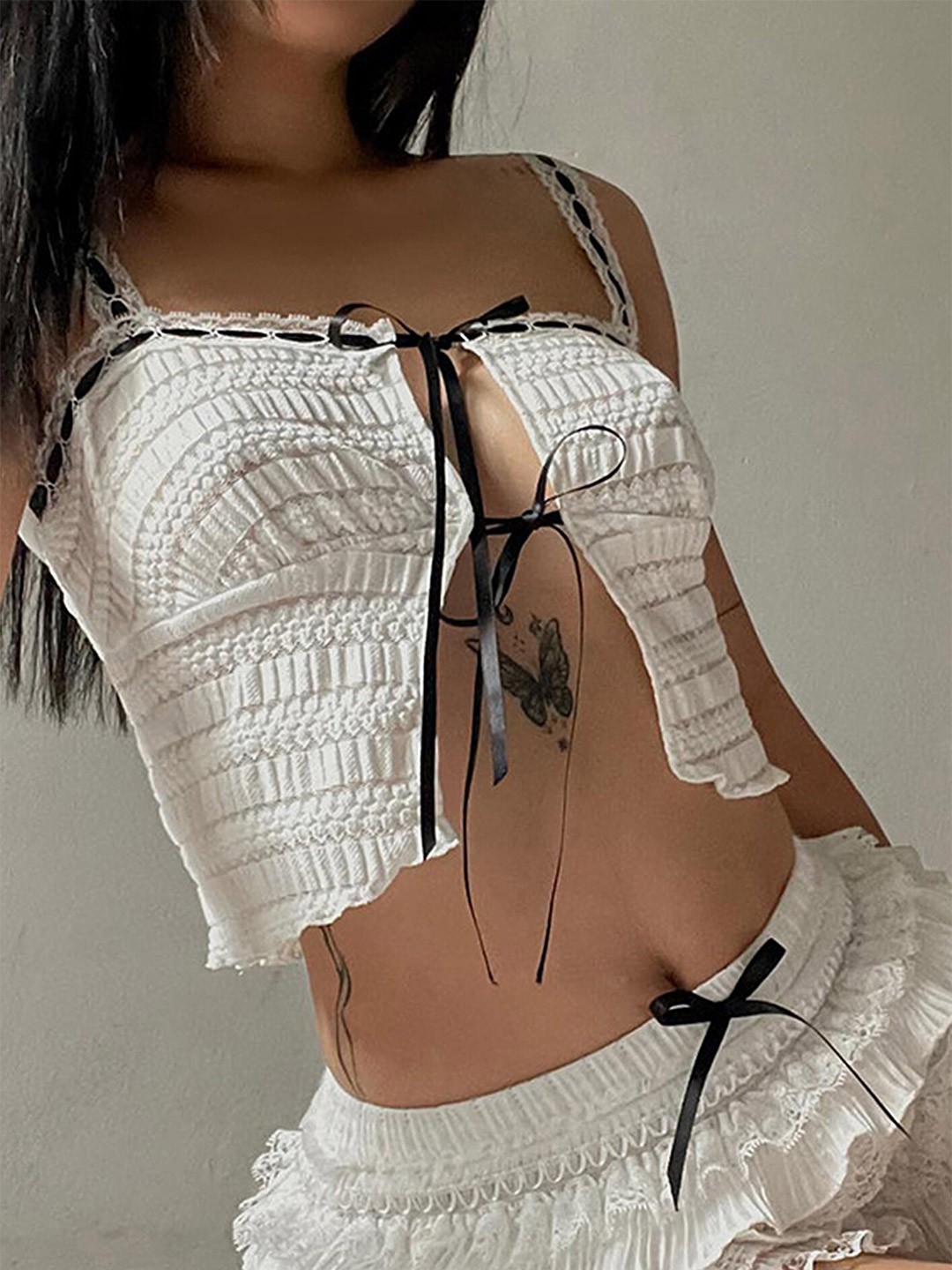 

LULU & SKY Self Design Sleeveless Lace Crop Top, White