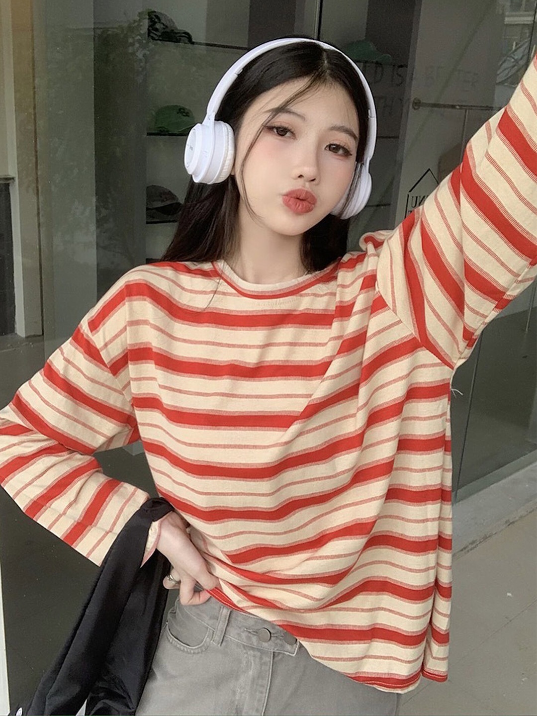 

LULU & SKY Long Sleeves Striped Oversized Tshirt, Red