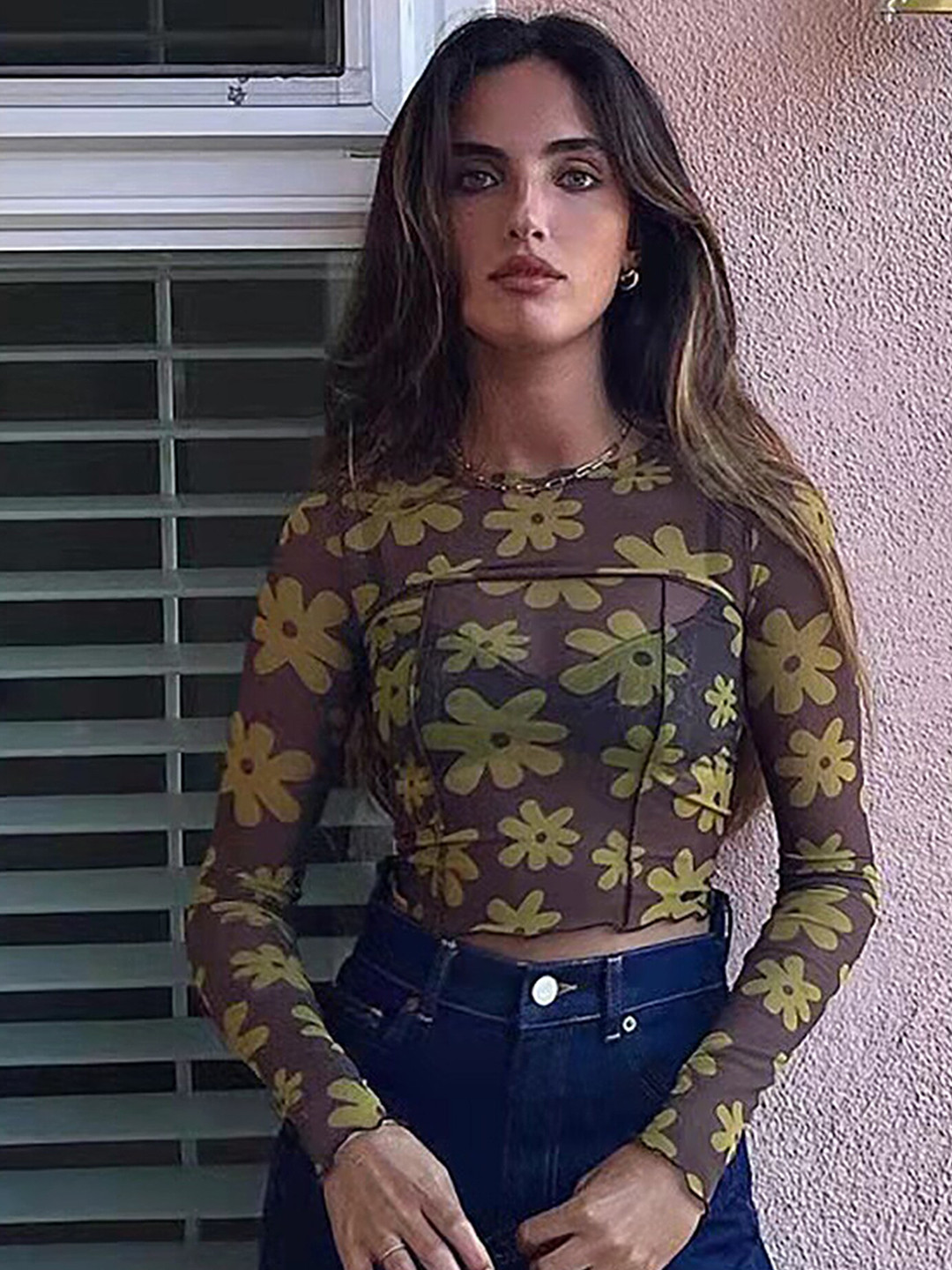 

LULU & SKY Floral Printed Sheer Crop Top, Brown
