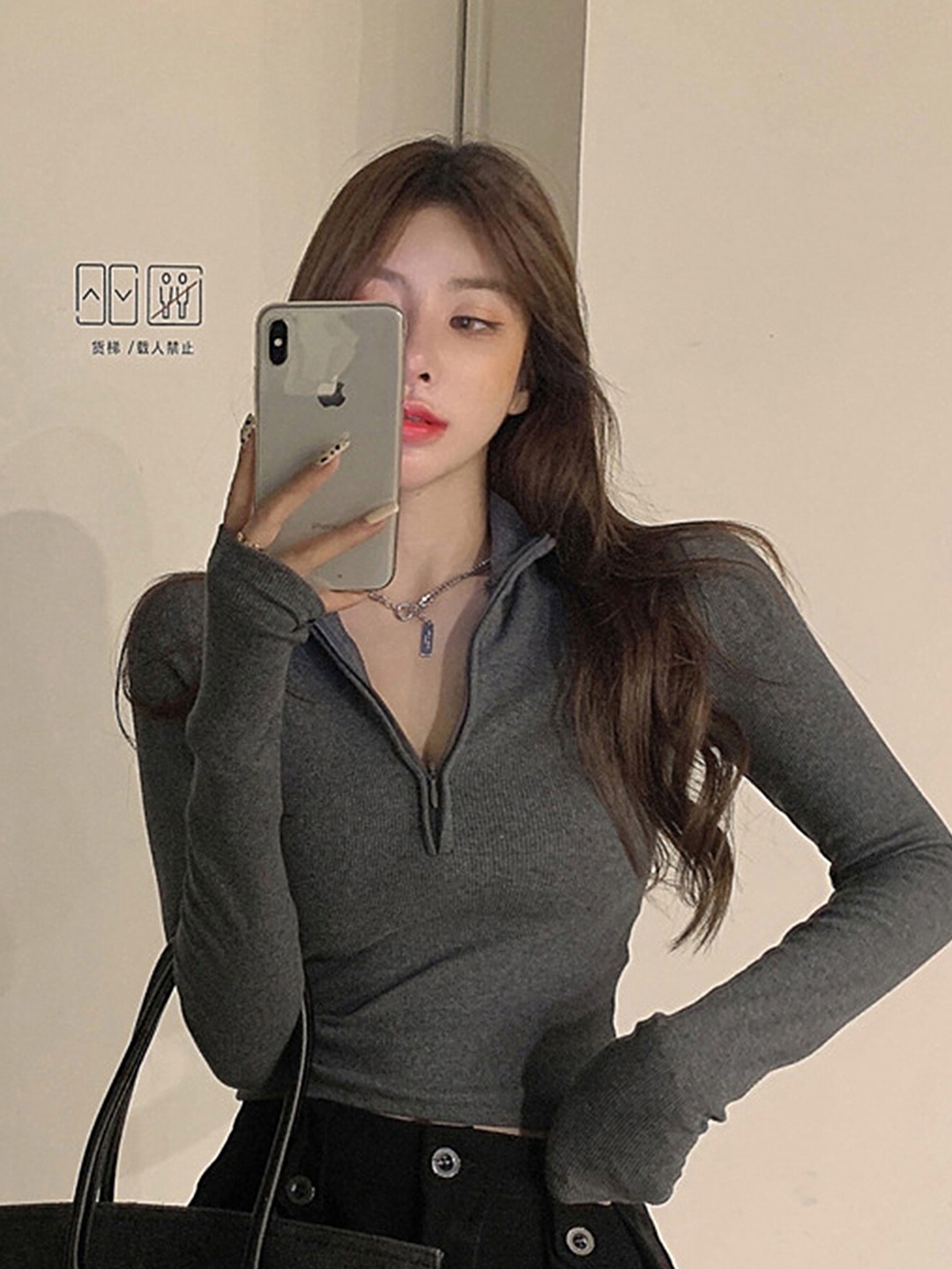 

LULU & SKY Stand Collar Fitted Crop Top, Grey