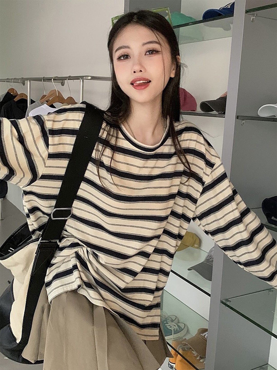 

LULU & SKY Striped Drop Shoulder Sleeves Oversized T-Shirt, Black