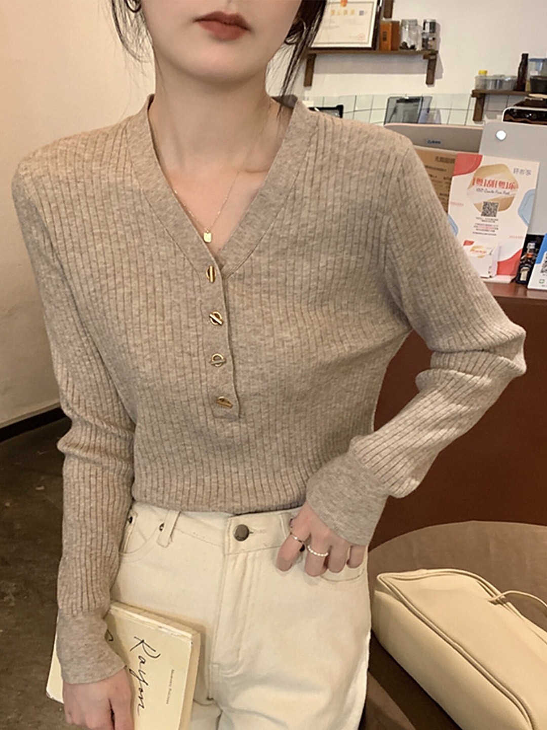 

LULU & SKY Camel Brown V-Neck Long Sleeves Top