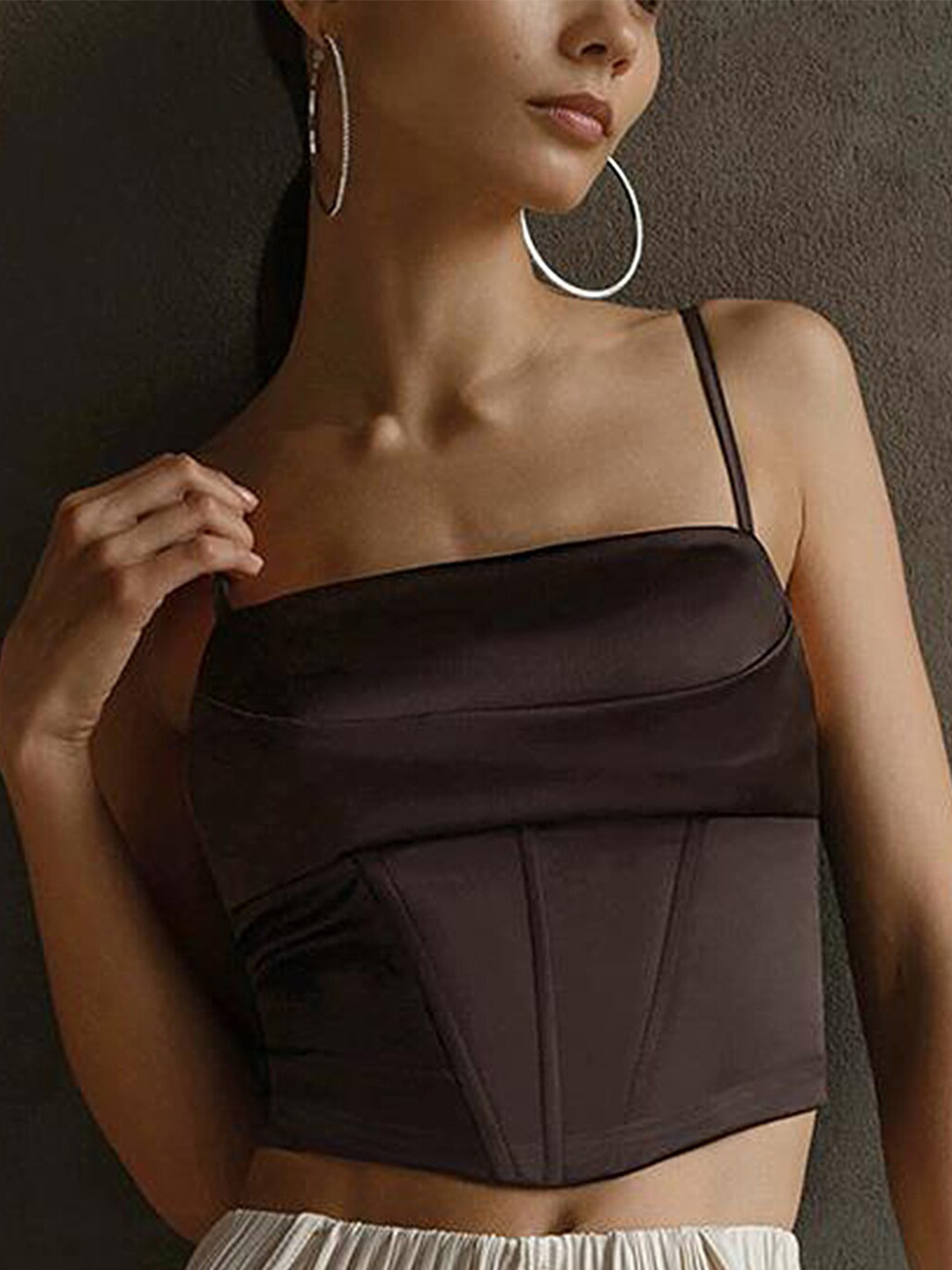 

LULU & SKY Shoulder Straps Fitted Crop Top, Brown