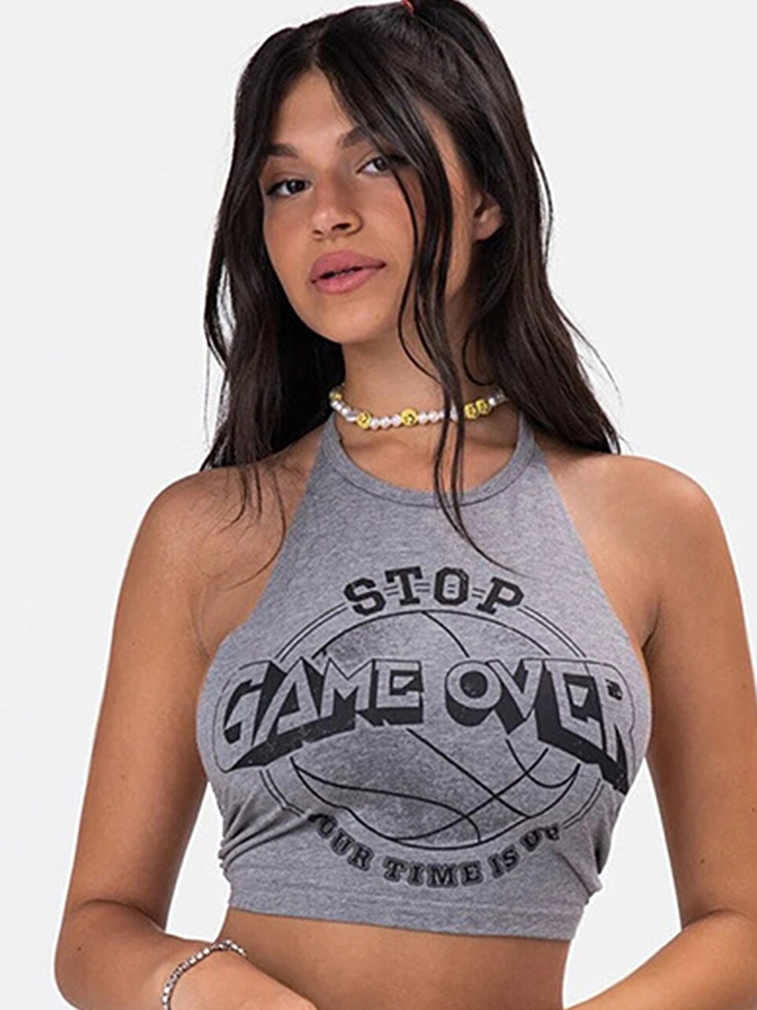 

LULU & SKY Typography Printed Halter Neck Fitted Crop Top, Grey