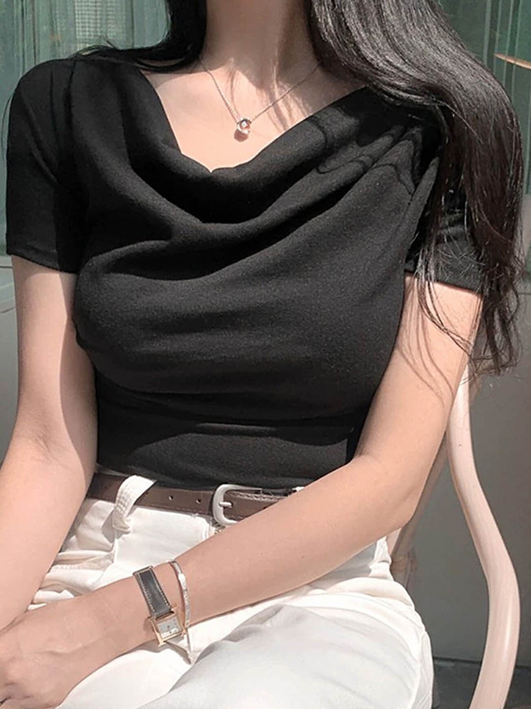 

LULU & SKY Cowl Neck Short Sleeves Top, Black