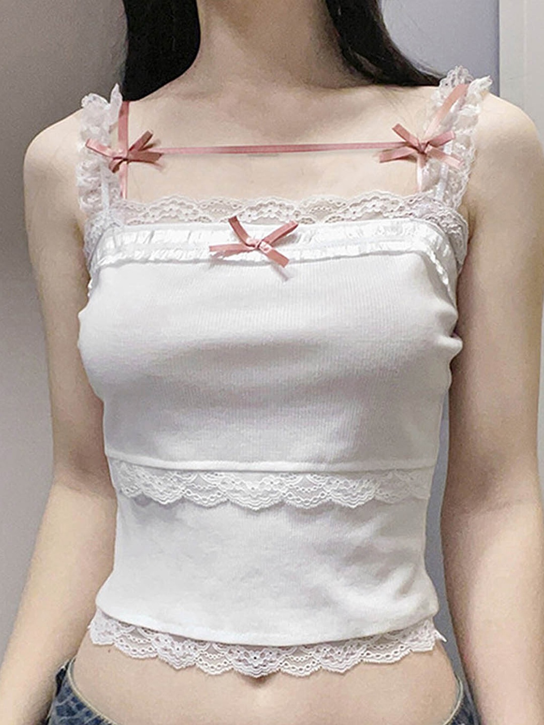 

LULU & SKY Square Neck Lace Trim Crop Top, White